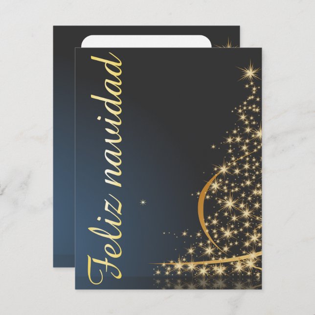 Invitation Motivo navideño azul con dorado árbol de navidad. (Devant / Derrière)