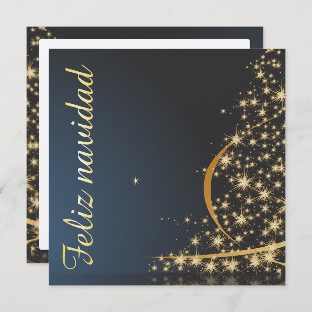 Invitation Motivo navideño azul con dorado árbol de navidad. (Devant / Derrière)