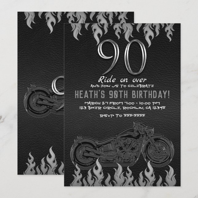 Invitation Moto argentée en cuir noir 90e anniversaire 90 ans (Devant / Derrière)