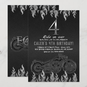 Invitation Moto en cuir noir argent 4 4ème anniversaire