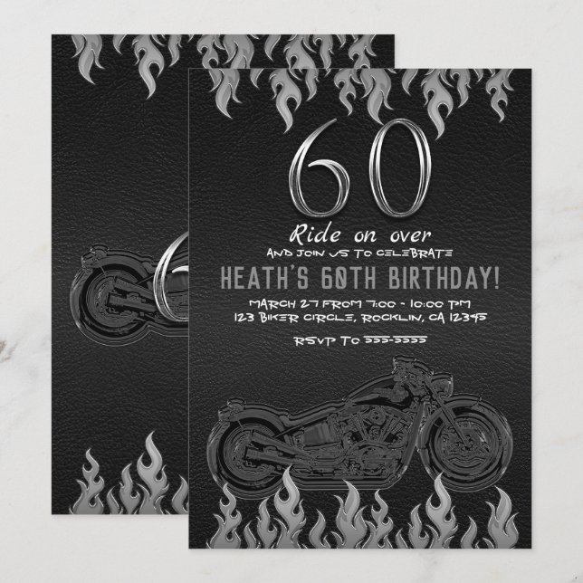 Invitation Moto en cuir noir argent 60TH 60e anniversaire (Devant / Derrière)