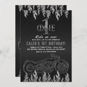 Invitation Moto en cuir noir en argent 1 UN 1er anniversaire