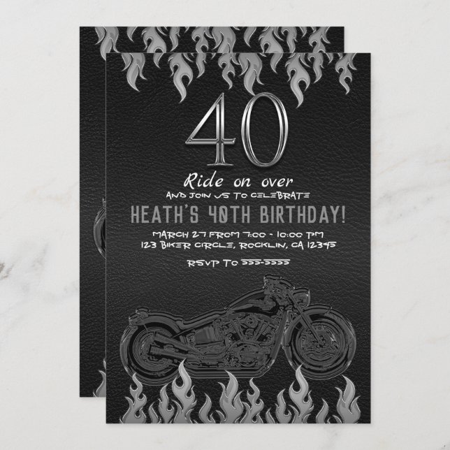 Invitation Moto en cuir noir en argent 40E 40 Anniversaire (Devant / Derrière)