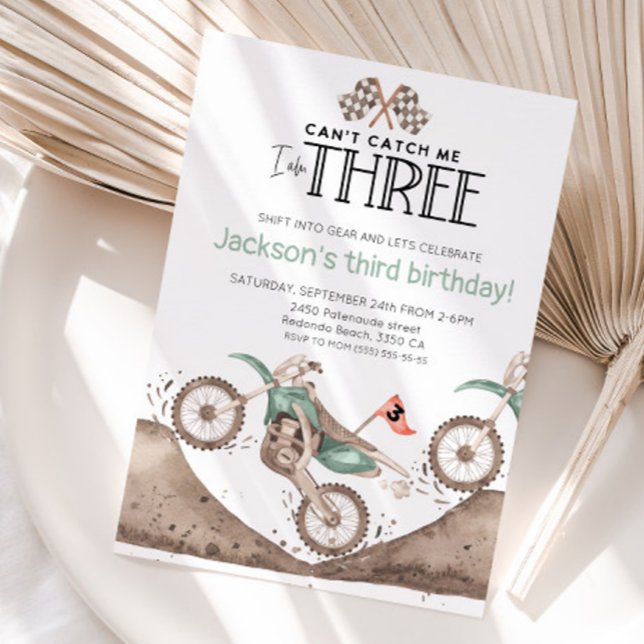 Invitation Moto sale 3e anniversaire -Ne peut pas m'attraper (Dirt bike Can't catch me birthday invitation)
