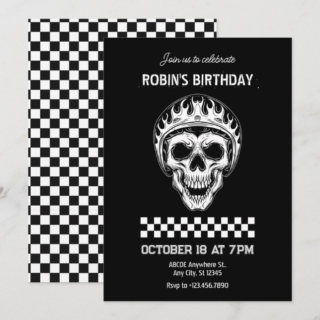 Invitation Moto tête crâne anniversaire (Devant / Derrière)