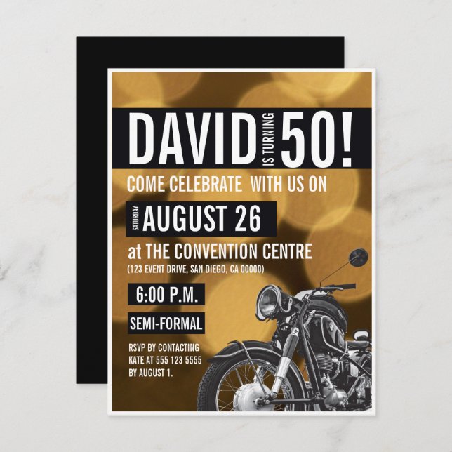 Invitation Moto thème 50e anniversaire fête Gold noir (Devant / Derrière)