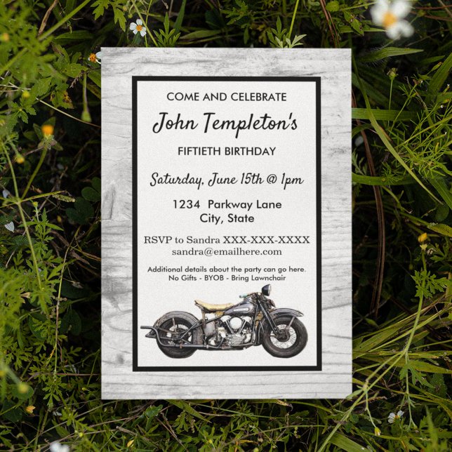 Invitation Moto vintage Antique fête d'anniversaire Hommes (Vintage motorcycle birthday invitation that can be customized for any age.)
