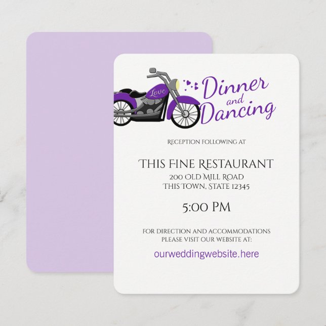 Invitation Moto violet et Coeurs Réception de mariage (Devant / Derrière)