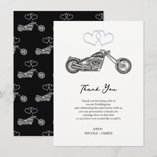 Invitation Motocyclette Cœurs noirs et argentés Biker Merci (Devant / Derrière)