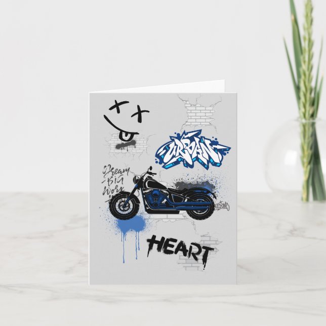 Invitation Motocyclette noire et bleue graffiti gris (Devant)