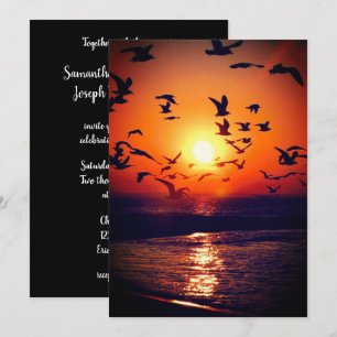 Invitation Mouettes au coucher du soleil Photo Mariage orange