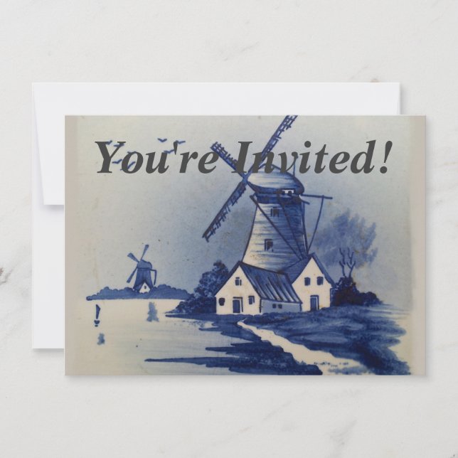 Invitation Moulin à vent bleu blanc Delft antique (Devant)