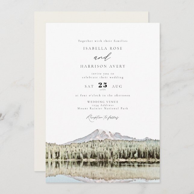 Invitation MOUNT RAINIER Aquarelle Mariage de montagne (Devant / Derrière)