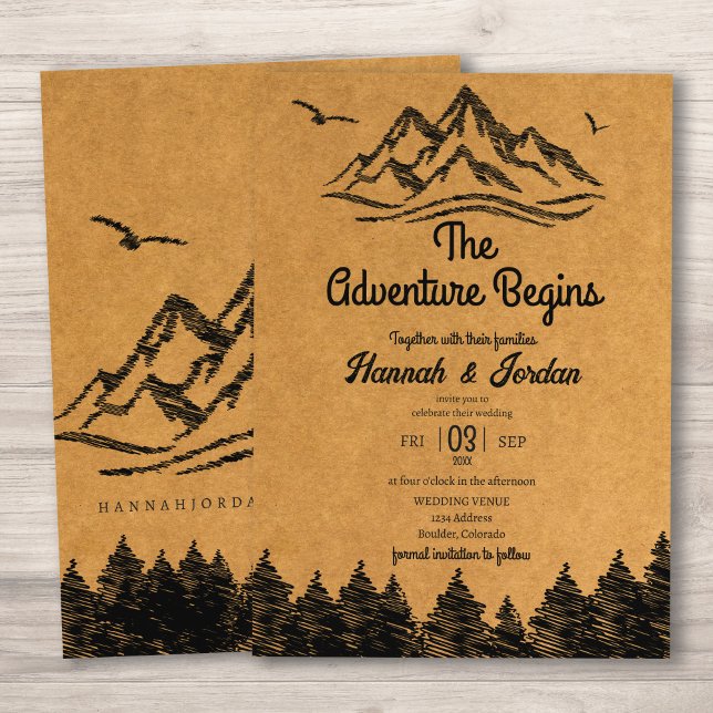 Invitation Mountain Adventure commence Rustic Woodsy Mariage (Créateur téléchargé)