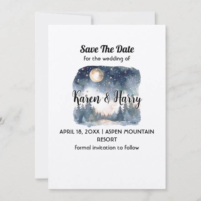 Invitation Mountain Blue Pine Lune Star Enregistrer La Date M (Devant)