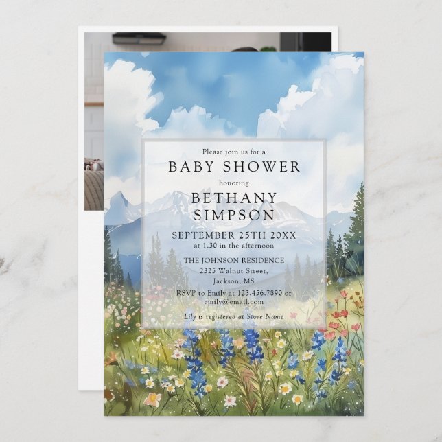 Invitation Mountain Floral Meadow Photo QR Code Baby Shower (Devant / Derrière)