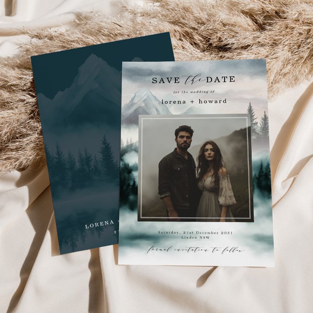 Invitation Mountain Fog Pine Forest Save the Date Photo (Créateur téléchargé)