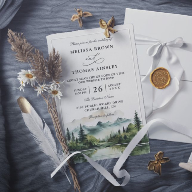 Invitation Mountain Forest Lake Rustic Budget QR Code Wedding (Créateur téléchargé)