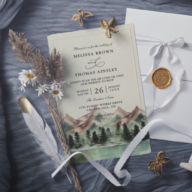 Invitation Mountain Forest Rustic Budget QR Code Wedding (Créateur téléchargé)