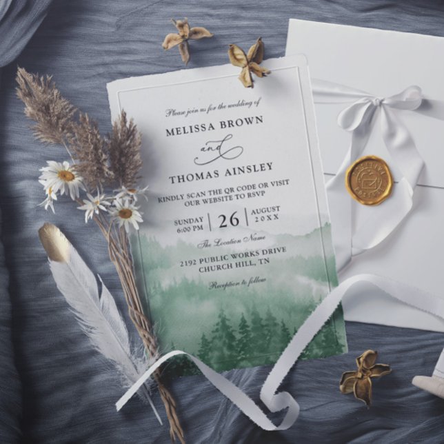 Invitation Mountain Forest Rustic Tree Budget QR Code Wedding (Créateur téléchargé)