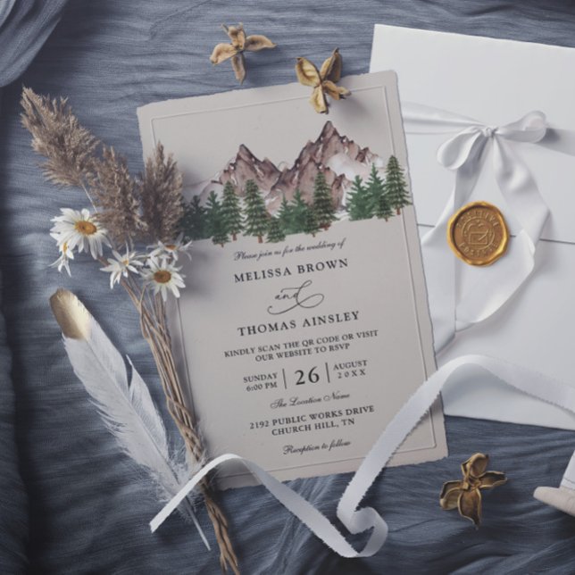 Invitation Mountain Forest Tree Rustic Budget QR Code Wedding (Créateur téléchargé)