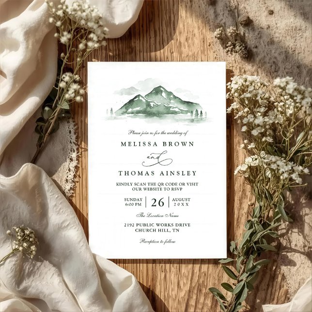Invitation Mountain Forest Trees Pine Rustic QR Code Wedding (Créateur téléchargé)