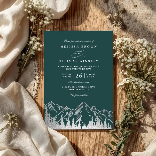 Invitation Mountain Forest Trees Pine Rustic QR Code Wedding (Créateur téléchargé)