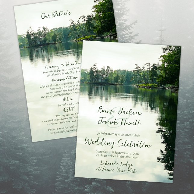 Invitation Mountain Lake détaille tout en un seul mariage (front & back - combination invitation plus details card - easily add a QR code with Z design tool)