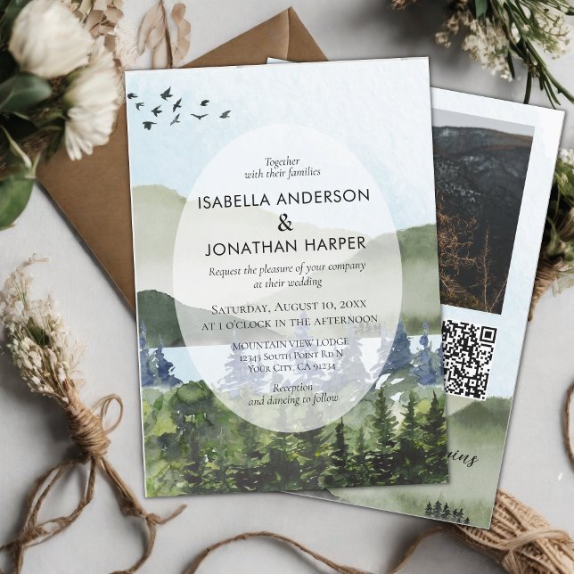 Invitation Mountain Lake Forest Photo QR Code Mariage extérie (Créateur téléchargé)