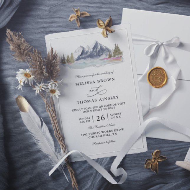 Invitation Mountain Lake Forest Rustic Budget QR Code Wedding (Créateur téléchargé)