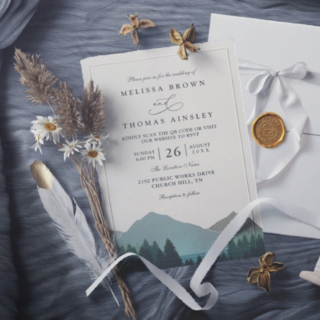 Invitation Mountain Lake Forest Trees Pine QR Code Wedding (Créateur téléchargé)