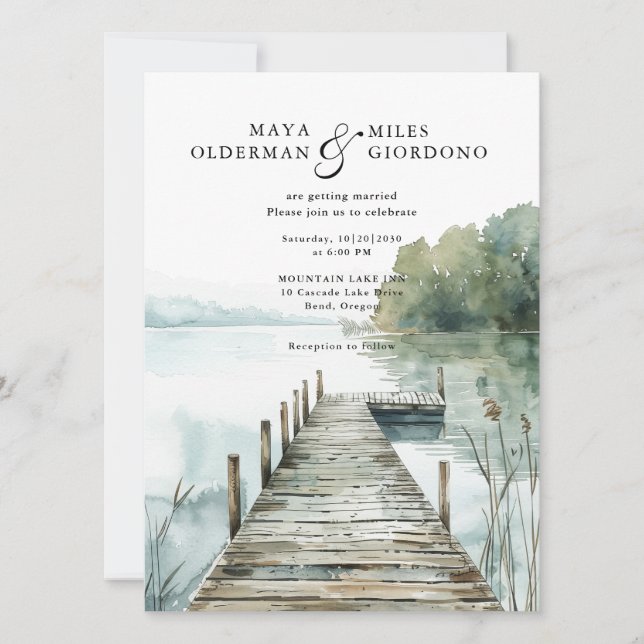 Invitation Mountain Lake Forest Watercolor Wedding (Devant)