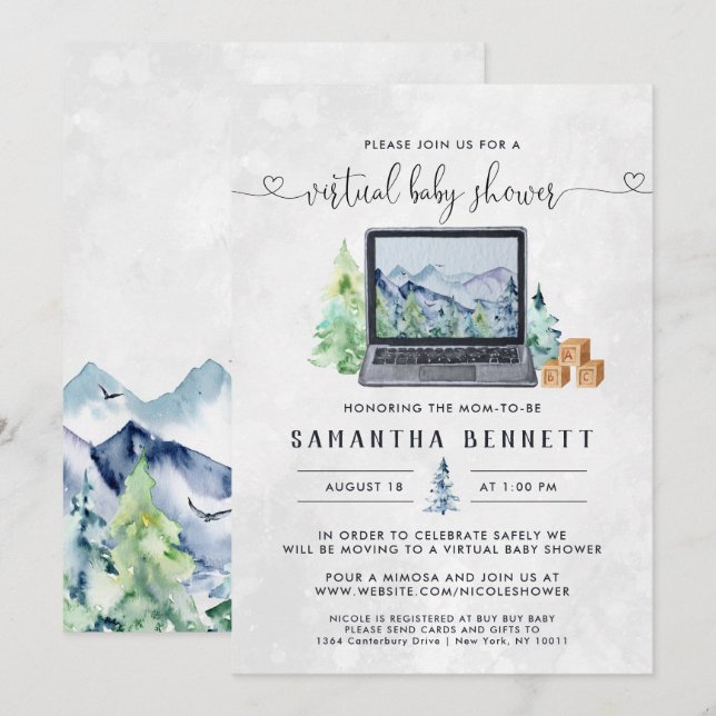 Invitation Mountain Laptop | Baby Shower Virtuel (Devant / Derrière)