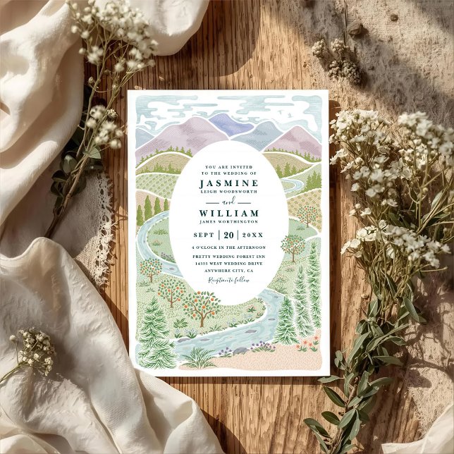 Invitation Mountain River Forest Trees Rustic QR Code Wedding (Créateur téléchargé)
