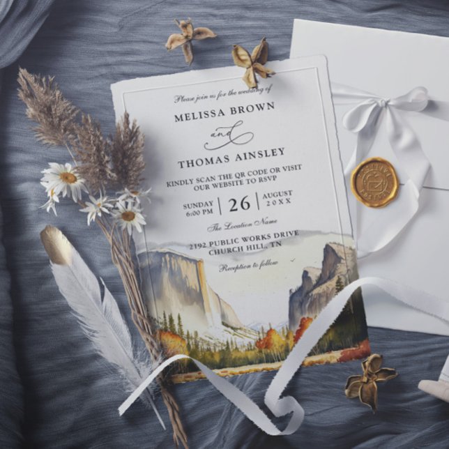 Invitation Mountain Rustic Forest Budget QR Code Wedding (Créateur téléchargé)