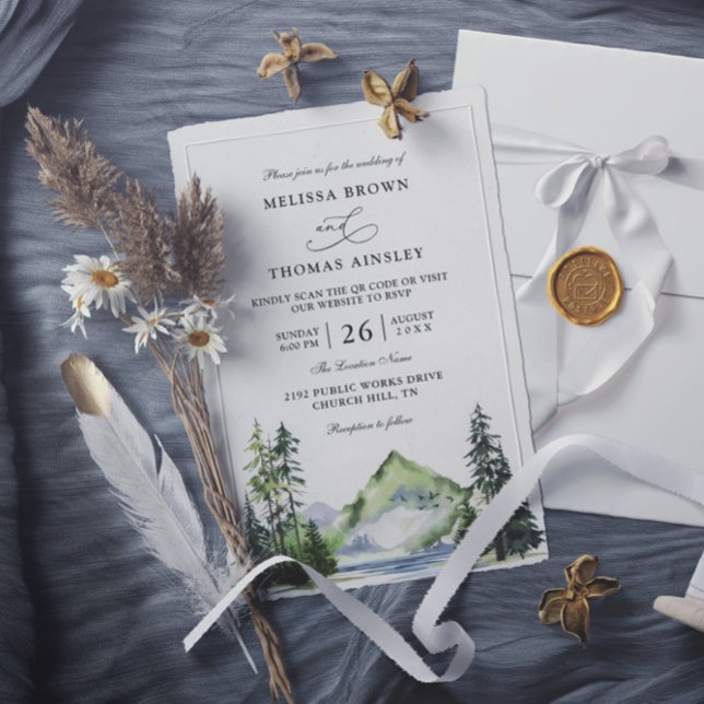 Invitation Mountain Rustic Forest Budget QR Code Wedding (Créateur téléchargé)