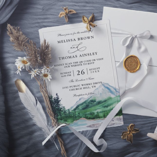 Invitation Mountain Rustic Lake Modern Budget QR Code Wedding (Créateur téléchargé)