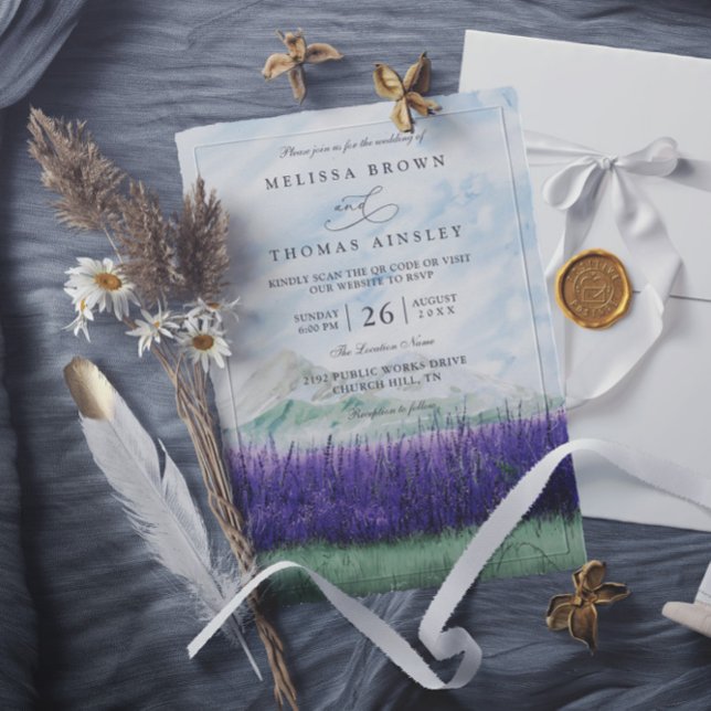 Invitation Mountain Rustic Lavender Meadow QR Code Wedding (Créateur téléchargé)