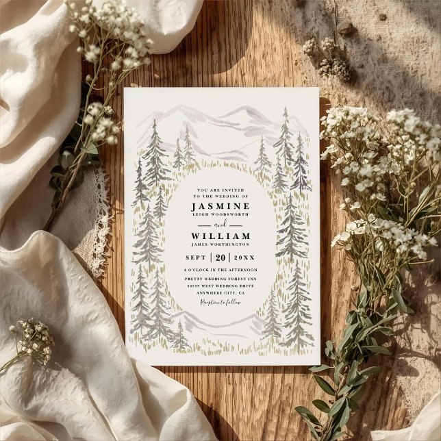 Invitation Mountain Trees Forest Rustic QR Code Wedding (Créateur téléchargé)