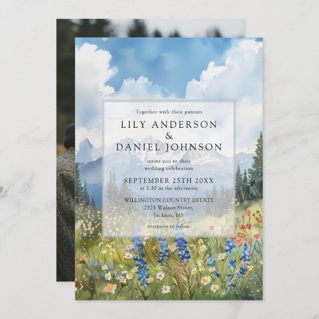 Invitation Mountain Wildflower Floral Meadow Wedding Photo (Devant / Derrière)