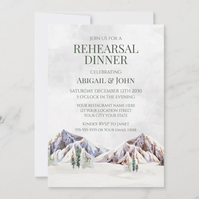 Invitation Mountain Winter Forest Rustic Rehearsal Dinner (Devant)