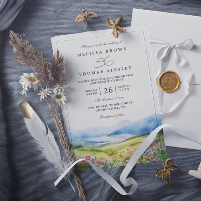 Invitation Mountains Wildflowers Rustic QR Code Wedding (Créateur téléchargé)