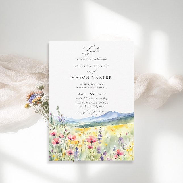 Invitation Mountains Woods Rustic Meadow Fleur sauvage Mariag (mountains wedding invitation wildflowers outdoors woodland rustic elegant modern classic)