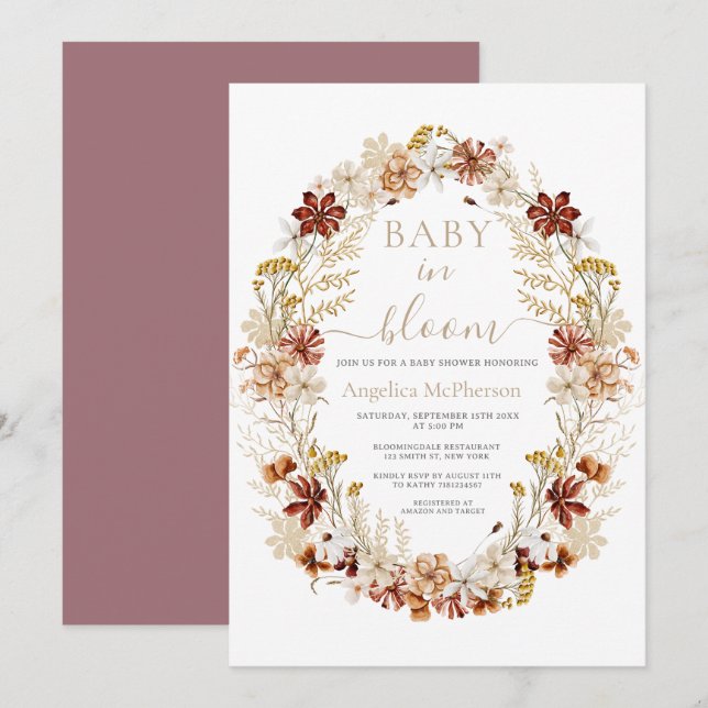 Invitation Mountbatten Rose Fleurs Sauvages Wreath Baby in Bl (Devant / Derrière)