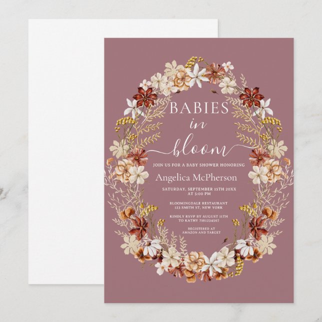 Invitation Mountbatten Rose Fleurs Sauvages Wreath Twin Babin (Devant / Derrière)