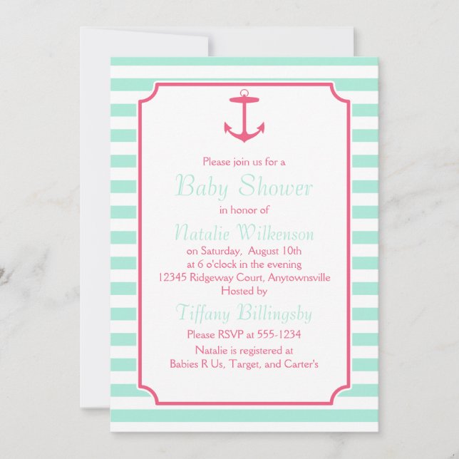 Invitation Mousse de mer et Ancre rose Baby shower de silhoue (Devant)