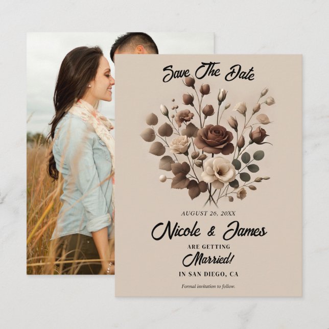 Invitation Mousse de Mocha Beige Marron Floral Save The Date  (Devant / Derrière)