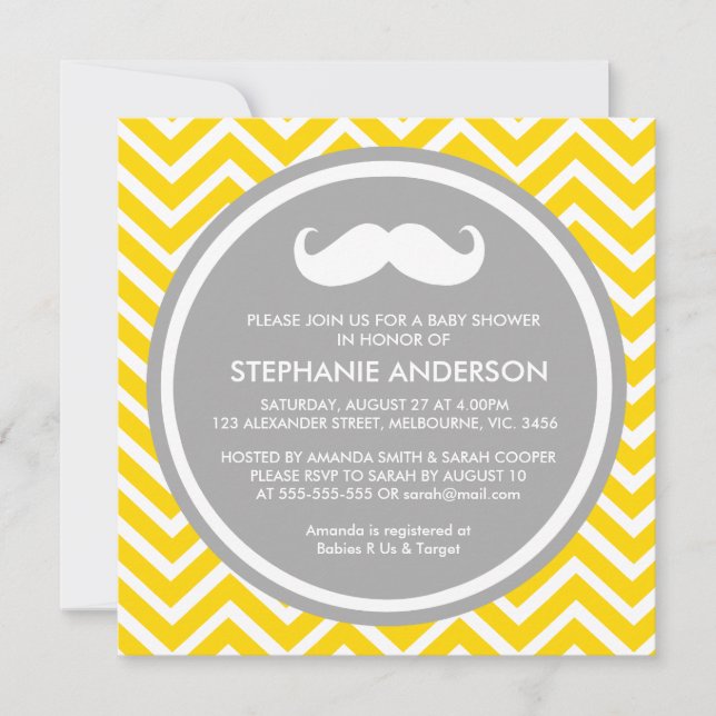 Invitation Moustache chevron gris citron et citron (Devant)