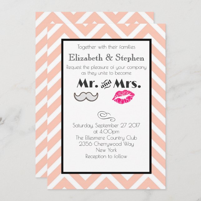 Invitation Moustache et lèvres M. et Mme Peach Mariage (Devant / Derrière)