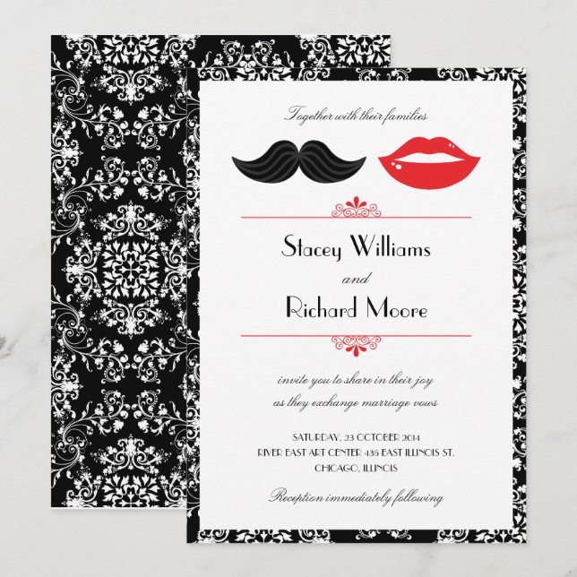 Invitation Moustache et lèvres rouge, noir et blanc Mariage d (Devant / Derrière)